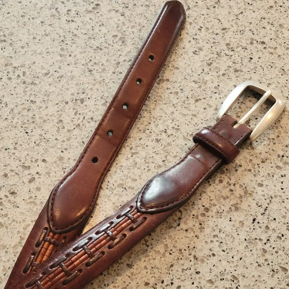 Brighton Mens Wooden Bead Genuine Leather Brown Braided Belt Silver Buckle✨️44